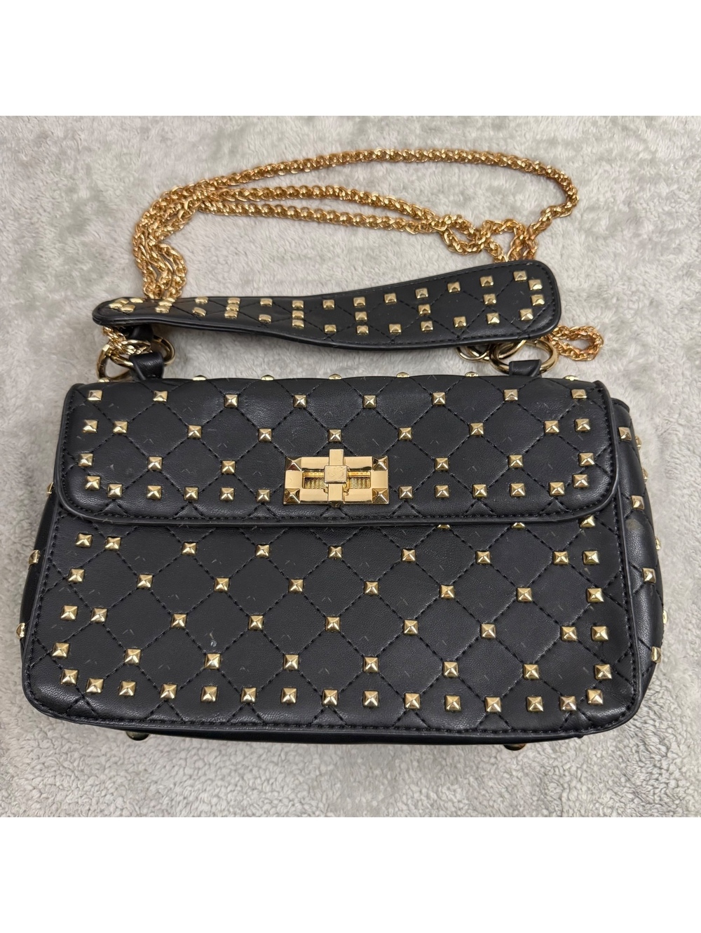Black Quilted Studded Satchel Handbag Gold Chain Crossbody Shoulder Bag